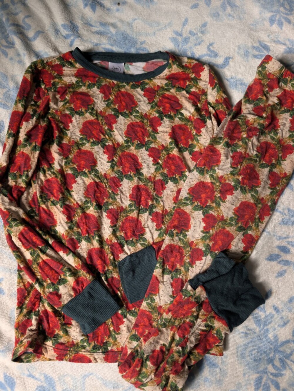 Ready Set Lounge Floral Long Sleeve Pajama Set with Dark Green Trim